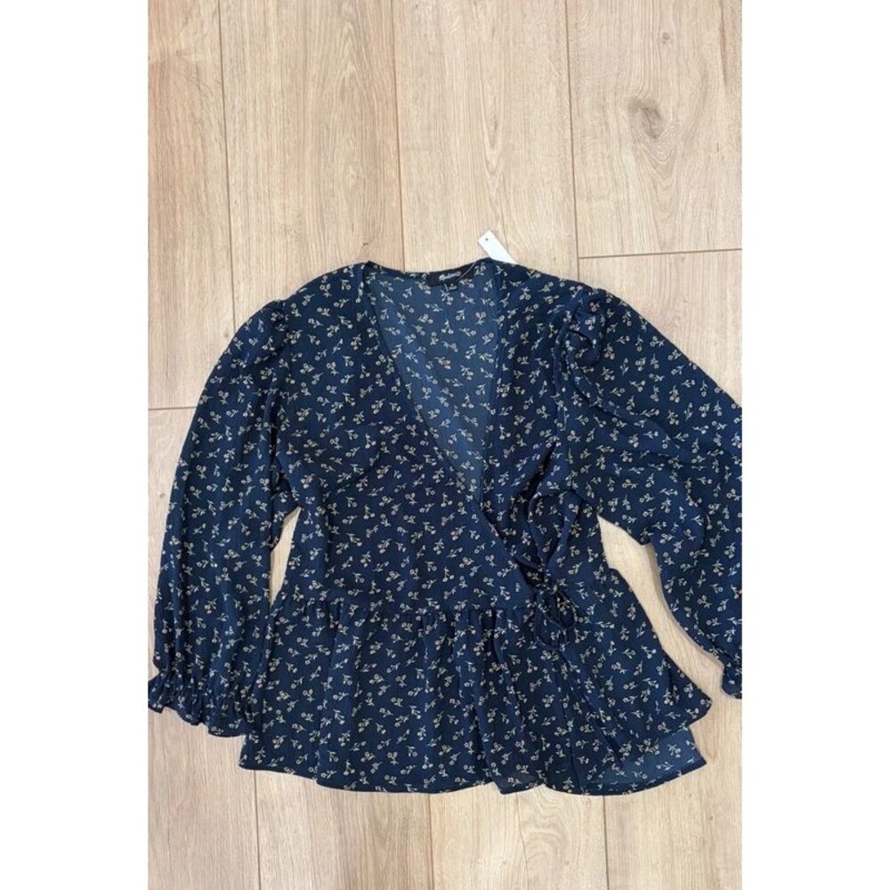 Madewell Navy Floral Tie Front Blouse Size Medium NWT
